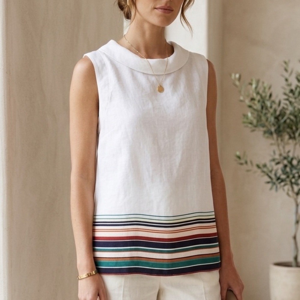 Ann Taylor Linen Blend Sleeveless Top Size L Ivory Striped Hem Rollneck Casual